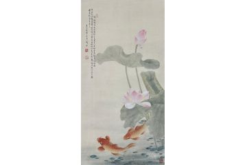 当代青年画家蓝一峰工笔鱼图《荷伴锦锂》