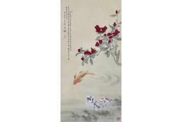 当代青年画家蓝一峰工笔鱼图《水漾花影》