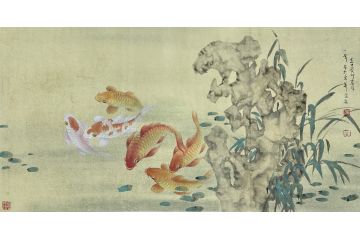 当代青年画家蓝一峰工笔鱼图《随波逐流》