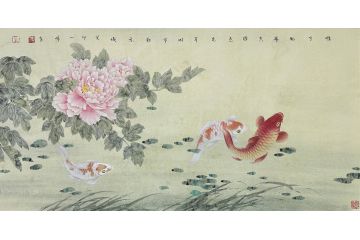 当代青年画家蓝一峰工笔鱼图《国色牡丹》