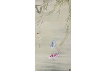 当代青年画家蓝一峰工笔鱼图《柳下自由舞》