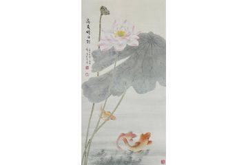 当代青年画家蓝一峰工笔鱼图《荷花映日红》