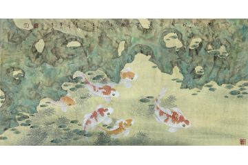 当代青年画家蓝一峰工笔鱼图《一池锦鲤秀从此跃龙门》