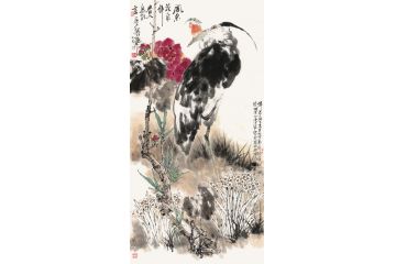 中美协当代大家郜凌民花鸟画笔墨《风来花自舞》