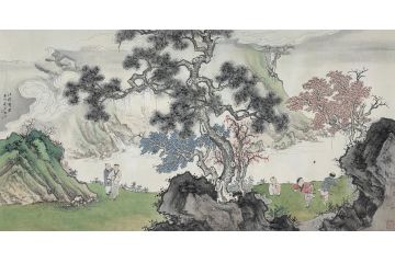中美协青年画家廖戈山水画《江村婴戏》