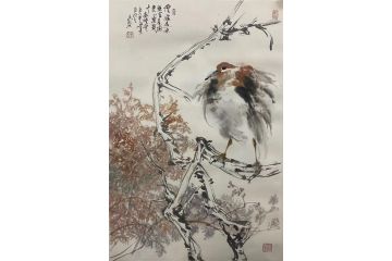 中美协当代名家晁谷花鸟图托心带签字证书《溪影》