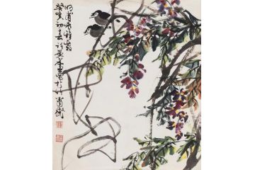 中美协名家许麟庐中国画花鸟画《紫藤小鸟》