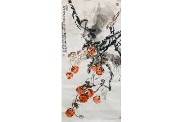 中美协当代名家晁谷花鸟图精品《四柿同堂·事事如意》