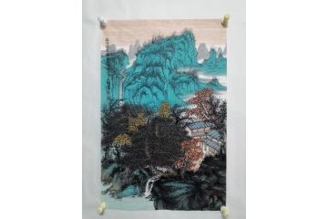 中美协画家黄天利大红袍工笔山水画《桂山清泉图》