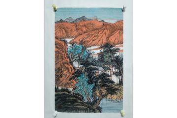 中美协画家黄天利大红袍工笔山水画《山村人家》