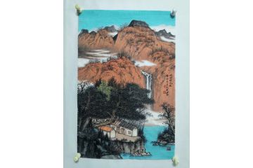 中美协画家黄天利大红袍工笔山水画《依山傍水居》