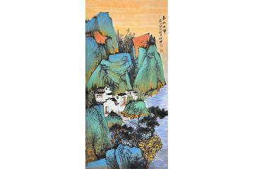 中美协中国画画家莫祝兴山水画精品《春水映晖》