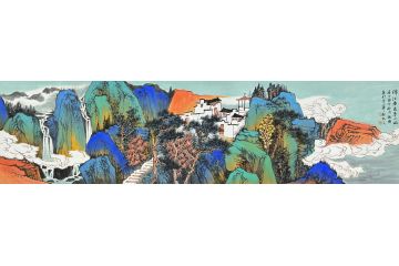 中美协中国画画家莫祝兴山水画精品《锦江春色来天地》