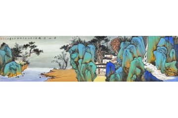 中美协中国画画家莫祝兴山水画精品《湖山清晓》
