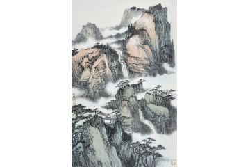 中美协中国画画家莫祝兴山水画精品《戴云山顶白云齐》