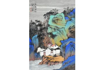 中美协中国画画家莫祝兴山水画精品《春岭云松》