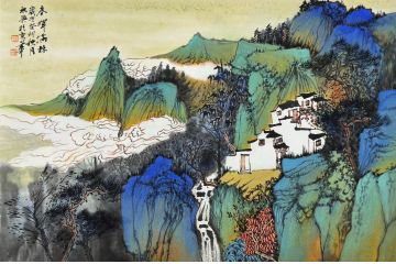 中美协中国画画家莫祝兴山水画精品《春晖满林》