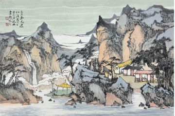 中美协中国画画家莫祝兴山水画精品《三月春光浓似酒》