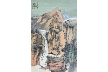 中美协中国画画家莫祝兴山水画精品《泉声带雨出溪林》
