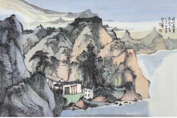 中美协中国画画家莫祝兴山水画精品《晴山远画眉》
