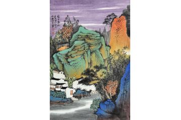 中美协中国画画家莫祝兴山水画精品《暖日春林》