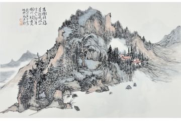 中美协中国画画家莫祝兴山水画精品《万树结一緑》