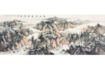 中美协中国画画家莫祝兴山水画精品《江山呈秀緑水长流》
