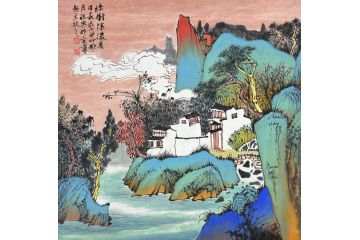 中美协中国画画家莫祝兴山水画精品《緑树阴浓夏日长》