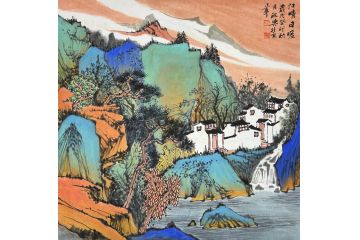 中美协中国画画家莫祝兴山水画精品《江晴日暖》