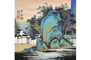 中美协中国画画家莫祝兴山水画精品《湖山秋韵》