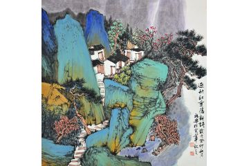 中美协中国画画家莫祝兴山水画精品《过秋红叶落新诗》