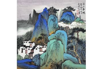 中美协中国画画家莫祝兴山水画精品《溪山春晓》