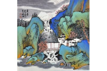 中美协中国画画家莫祝兴山水画精品《赏春》