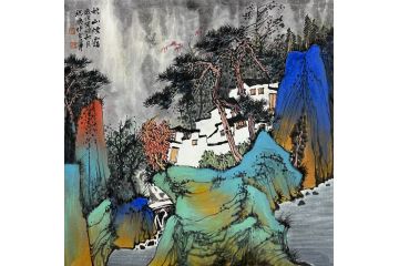 中美协中国画画家莫祝兴山水画精品《秋山烟靄》