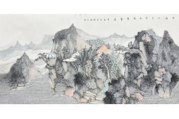 中美协中国画画家莫祝兴山水画精品《雨过山色清.风微笛声远》