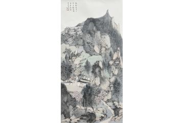 中美协中国画画家莫祝兴山水画精品《微风清凉山添色桃花开处动春光》