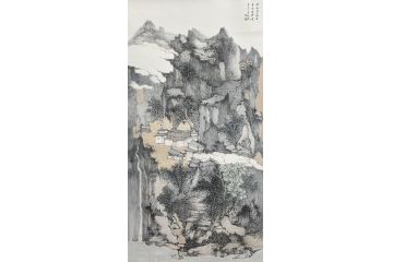 中美协中国画画家莫祝兴山水画精品《秋山宜落日.秀水出寒烟》