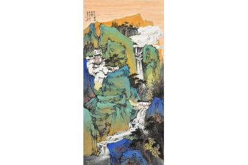 中美协中国画画家莫祝兴山水画精品《秋山夕晖胜朝霞》