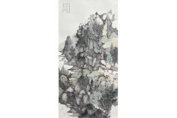 中美协中国画画家莫祝兴山水画精品《清凉时节舞春风.荡得微波动轻云》