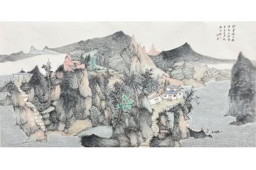 中美协中国画画家莫祝兴山水画精品《轻云头上过.峰高吾顶云》