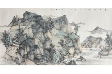 中美协中国画画家莫祝兴山水画精品《翠岭烟云一江青》