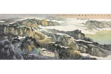 中美协中国画画家莫祝兴山水画精品《岭上一回首青山卷白云》