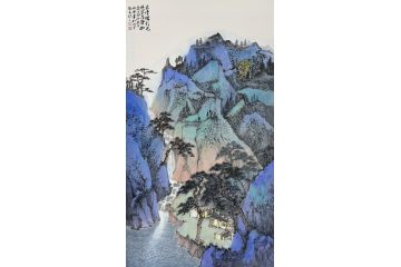 中美协中国画画家莫祝兴山水画精品《泉清鳞影见--林密鸟声幽》