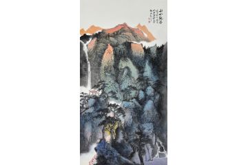 中美协中国画画家莫祝兴山水画精品《秋山观瀑》