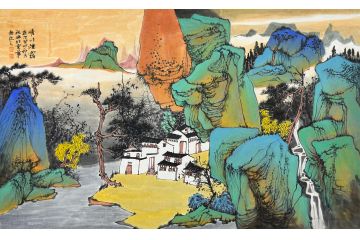 中美协中国画画家莫祝兴山水画精品《晴川烟靄》