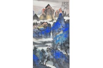 中美协中国画画家莫祝兴山水画精品《瀑布横飞翠壑间》