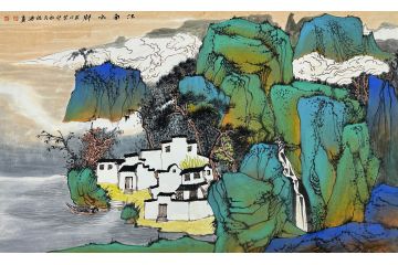 中美协中国画画家莫祝兴山水画精品《江南水乡》