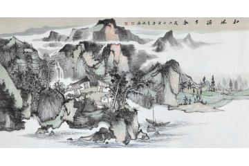 中美协中国画画家莫祝兴山水画精品《和风搧早春》