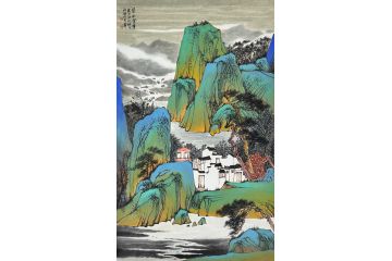 中美协中国画画家莫祝兴山水画精品《碧水澄清》