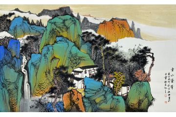 中美协中国画画家莫祝兴山水画精品《云山聳翠》